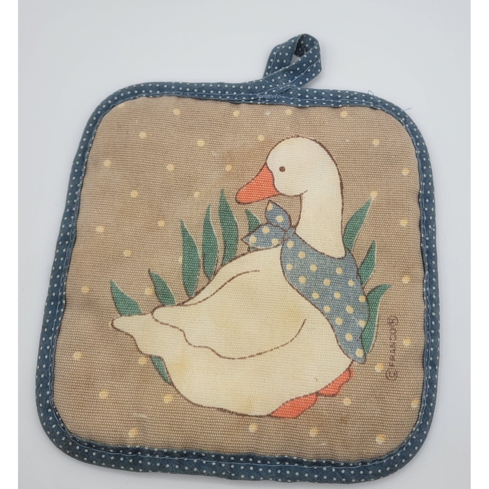 Vintage Franco Country Goose Pot Holder Blue Polka Dot Quilted Square Farmhouse